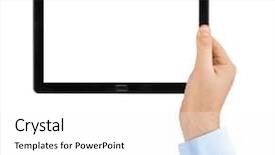  Presentation with hand touching finger digital - Colorful theme enhanced with technology border - hand with touchpad pc isolated backdrop and a white colored foreground