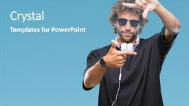  Presentation with music headphones - Colorful slide deck enhanced with technology border - handsome hispanic man listening backdrop and a light blue colored foreground