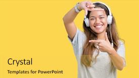  Presentation with happy music lovers - Colorful slide set enhanced with technology border - young beautiful woman wearing headphones backdrop and a yellow colored foreground