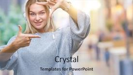  Presentation with listening woman - Slide set consisting of technology border - young caucasian woman listening background and a light blue colored foreground