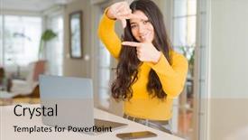  Presentation with cyber stalking computer laptop suffering - Cool new presentation design with technology border - young woman using computer laptop backdrop and a gold colored foreground