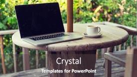  Presentation with hotel technology - Cool new PPT theme with technology business and modern life concept- close up of open laptop computer and coffee cup on table at hotel terrace backdrop and a dark gray colored foreground