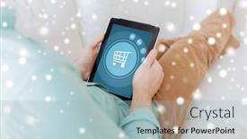  Presentation with shopping trolley - Audience pleasing PPT layouts consisting of technology business leisure and people concept - close up of man holding tablet pc computer with shopping trolley icon on screen at home backdrop and a light blue colored foreground