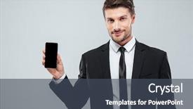  Presentation with blank - PPT layouts with technology business promotion - attractive young businessman showing blank background and a ocean colored foreground