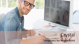  Presentation with working - Colorful PPT theme enhanced with technology career - handsome editor working with digitizer backdrop and a coral colored foreground