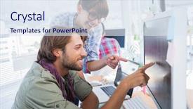  Presentation with working together - Presentation theme having technology career - pair of photo editors working background and a sky blue colored foreground