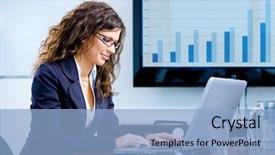  Presentation with board meeting room chairs - Slide deck featuring technology career - young happy businesswoman working background and a light blue colored foreground