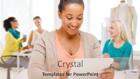  Presentation with tailoring - Slide deck enhanced with technology clothing and tailoring concept - smiling african american female fashion designer with tablet computer over studio and colleagues on background background and a soft green colored foreground