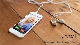  Presentation with gadget - Slide deck featuring technology communication gadget and object concept - close up of white smartphone and earphones on wooden surface with incoming call on screen background and a coral colored foreground