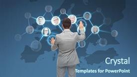  Presentation with business-communication - Slide set consisting of business people communication cooperation and technology concept - businessman touching virtual screen with contacts icons and europe map over blue background background and a ocean colored foreground