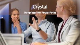  Presentation with technology - Beautiful PPT theme featuring technology concept - coworkers with computer backdrop and a tawny brown colored foreground