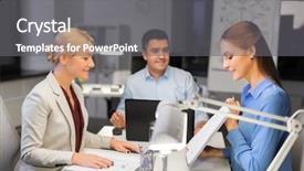  Presentation with business report - Presentation enhanced with technology concept - coworkers with paper background and a gray colored foreground