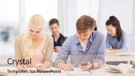  Presentation with technology students - Beautiful presentation theme featuring education and technology concept - group of students looking into smartphone at school backdrop and a lemonade colored foreground