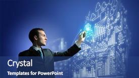 Presentation with innovations - PPT theme with technology connection - image of businessman pressing icon background and a ocean colored foreground