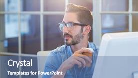  Presentation with desk in line - Colorful presentation enhanced with technology design - casual businessman sitting at desk backdrop and a teal colored foreground