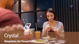  Presentation with food technology - Presentation theme with technology eating vegetarian food and people concept - happy couple or friends with smartphones having dinner at vegan restaurant background and a tawny brown colored foreground