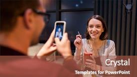  Presentation with vegan food - Presentation theme consisting of technology eating vegetarian food and people concept - happy man with smartphone photographing at vegan restaurant background and a tawny brown colored foreground