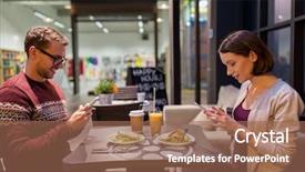 Presentation with food technology - Amazing slide set having friends with smartphones having dinner backdrop and a coral colored foreground