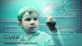  Presentation with technology education - Slides having technology education - child pressing a touch pad background and a teal colored foreground