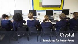  Presentation with school children - PPT theme with technology education - line of children in school background and a dark gray colored foreground