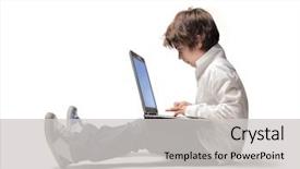  Presentation with technology education - Amazing PPT theme having technology education - seated child using a laptop backdrop and a light gray colored foreground
