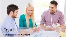  Presentation with interior design office - Cool new slide set with technology education interior design and office concept - smiling interior designers with color samples blueprint and tablet pc in office backdrop and a light blue colored foreground