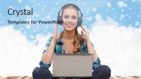  Presentation with casual young people - Audience pleasing PPT theme consisting of technology entertainment education and people concept - smiling young woman in casual clothes sitting on wooden floor with laptop computer and headphones over blue snowy sky and cloud background backdrop and a light blue colored foreground