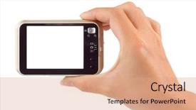  Presentation with camera - Beautiful PPT theme featuring technology frame - photo camera in hand isolated backdrop and a coral colored foreground