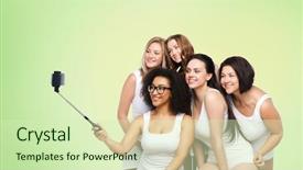  Presentation with women body - Slide deck with technology friendship body positive and people concept - group of happy women in white underwear taking picture with smartphoone on selfie stick over green natural background background and a soft green colored foreground