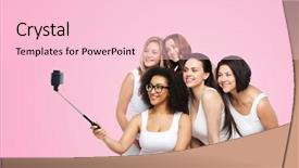  Presentation with women body - Audience pleasing slides consisting of technology friendship body positive and people concept - group of happy women in white underwear taking picture with smartphoone on selfie stick over pink background backdrop and a lemonade colored foreground