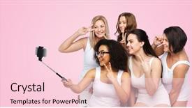  Presentation with women body - Slide deck featuring technology friendship body positive and people concept - group of happy women in white underwear taking picture with smartphoone on selfie stick over pink background background and a lemonade colored foreground