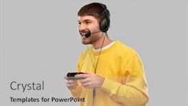  Presentation with young happy people smiling - Slide set with technology-gaming-and-people-concept background and a light gray colored foreground