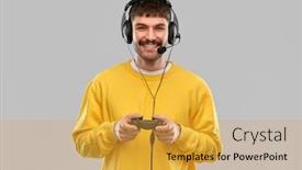  Presentation with young happy people smiling - Presentation enhanced with technology-gaming-and-people-concept background and a gold colored foreground