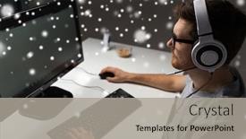  Presentation with entertainment - Slide set featuring technology gaming entertainment let's play and people concept - close up of man in headset and glasses with pc computer playing game at home and streaming playthrough or walkthrough video over snow background and a light gray colored foreground