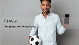  Presentation with man holding phone - Beautiful presentation theme featuring technology hand ball - smiling young african man showing backdrop and a lemonade colored foreground
