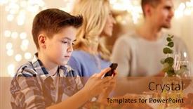  Presentation with dinner party - Slide set enhanced with technology holidays and people concept - happy boy with smartphone having family dinner party at home background and a red colored foreground