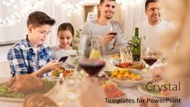  Presentation with dinner party - Presentation design consisting of technology holidays and people concept - happy children with smartphone at family dinner party background and a coral colored foreground