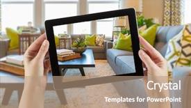  Presentation with room - Beautiful slide deck featuring technology home - female hands holding computer tablet backdrop and a  colored foreground