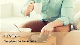 Presentation with food technology - Beautiful slides featuring technology home drinks food and lifestyle concept - close up of man with tablet pc computer and cup of coffee having breakfast at home backdrop and a coral colored foreground