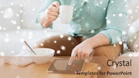 Presentation with food technology - Amazing slide deck having technology home drinks food and lifestyle concept - close up of man with tablet pc computer and cup having breakfast at home backdrop and a coral colored foreground