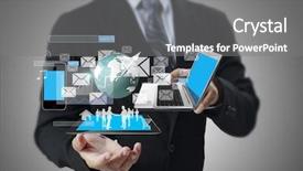  Presentation with mobile technology - Audience pleasing theme consisting of technology in the hands backdrop and a gray colored foreground