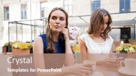  Presentation with internet addiction - Slide set featuring technology internet addiction and people concept - young woman using smartphone and sad friend drinking coffee at cafe outdoors background and a coral colored foreground