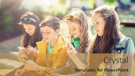  Presentation with internet addiction - Colorful slide set enhanced with technology internet addiction and people concept - happy teenage friends with smartphones outdoors backdrop and a gold colored foreground