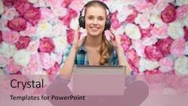  Presentation with casual young people - PPT theme having technology internet and people concept - smiling young woman in casual clothes sitiing on floor with laptop computer and headphones background and a coral colored foreground