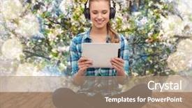  Presentation with casual young people - Beautiful PPT layouts featuring technology internet and people concept - smiling young woman in casual clothes sitiing on floor with tablet pc computer and headphones backdrop and a coral colored foreground