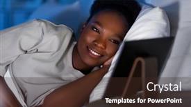  Presentation with young happy people smiling - Slide deck consisting of technology-internet-and-people-concept background and a wine colored foreground