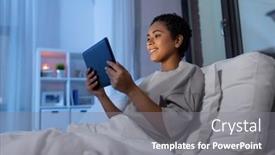  Presentation with young happy people smiling - PPT theme with technology-internet-and-people-concept background and a gray colored foreground