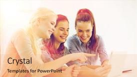  Presentation with technology students - Audience pleasing PPT theme consisting of technology internet school and education concept - group of smiling teenage students with tablet pc computer at school backdrop and a coral colored foreground