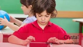  Presentation with using digital tablet - Beautiful presentation theme featuring technology ipad - little boy using digital tablet backdrop and a red colored foreground