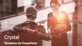  Presentation with shaking hands - Slide set enhanced with technology leadership - illuminated cityscape against cheerful woman background and a tawny brown colored foreground